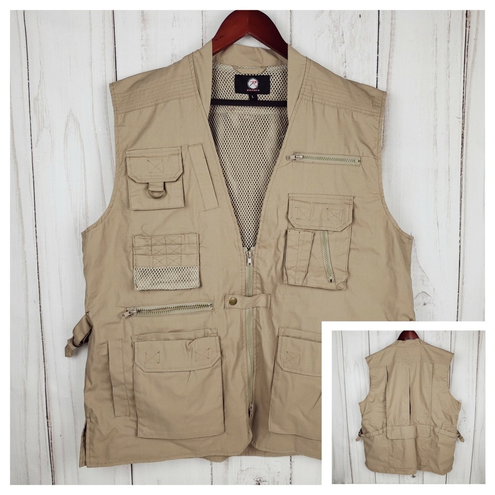 Rothco Fly Fishing Vest Mens Large Khaki Travel Pockets Full Zipper Utility Tan